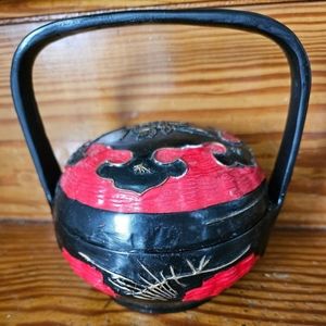 Chinese Antique Black, Red & Gold Lacquer Box / Chinese Wedding Basket